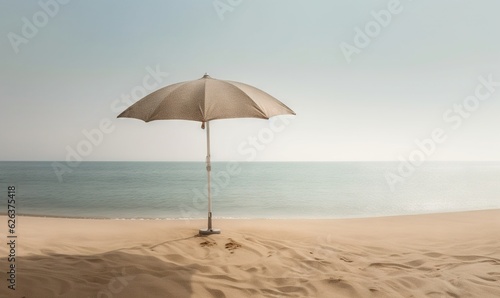  a beach umbrella sitting on top of a sandy beach next to the ocean.  generative ai © Anna