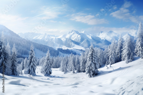 Snow covered mountains in winter, winter wonderland background