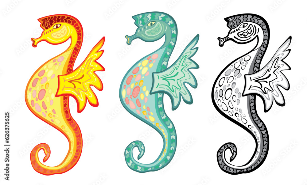 Obraz premium Beautiful seahorse set. Love tattoo design vector art clipart