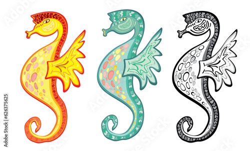 Beautiful seahorse set. Love tattoo design vector art clipart