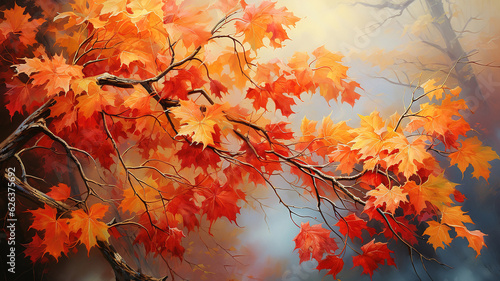 Flat design autumn background with colorful leaves. Generative Ai © hassanmim2021