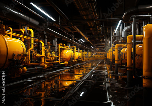 Dark industrial premise with multiple yellow pipes. Food factory interior. Generative AI. © Vadim