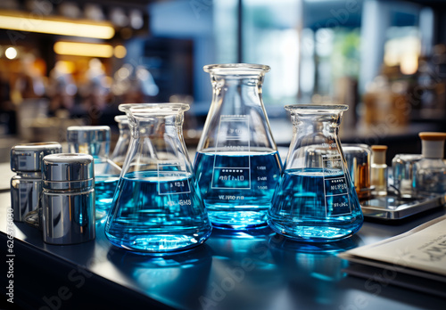 Three beakers with blue liquid on the table. Close up. Science laboratory equipment. Generative AI. Blurred backdrop.