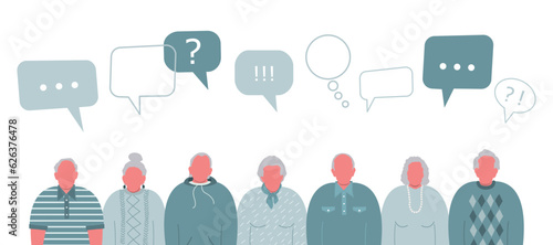 Senior people community. Communication of elderly men and elderly women. People icons with speech bubbles. Vector illustration.