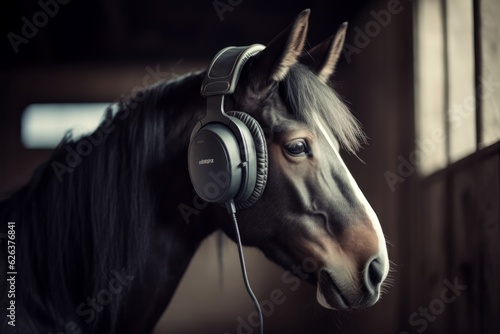 Harmony's Companion: A Horse in Headphones Listens to Soul-Stirring Music Amidst Nature's Beauty