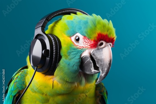 Colorful Cadence: A Parrot in Headphones Embraces the Joy of Harmonious Melodies