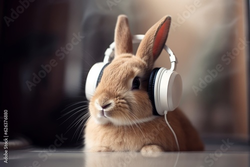 Lop-Eared Harmony: A Rabbit in Headphones Listens to Nature's Melodies with Cottontail Glee photo