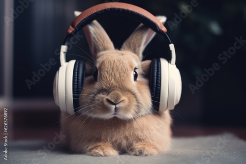 Musical Bunny: A Rabbit in Headphones Twitches Along to the Joyful Tunes of Nature's Melodies photo