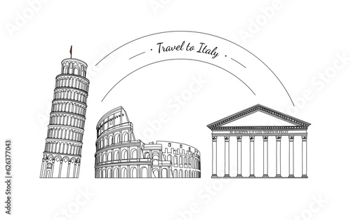 Hand-drawn lines of the Leaning Tower of Pisa, Colosseum, Pantheon on white background. Famous landmarks of Italy. Design of advertising banner of tourist destination. Stock vector illustration.