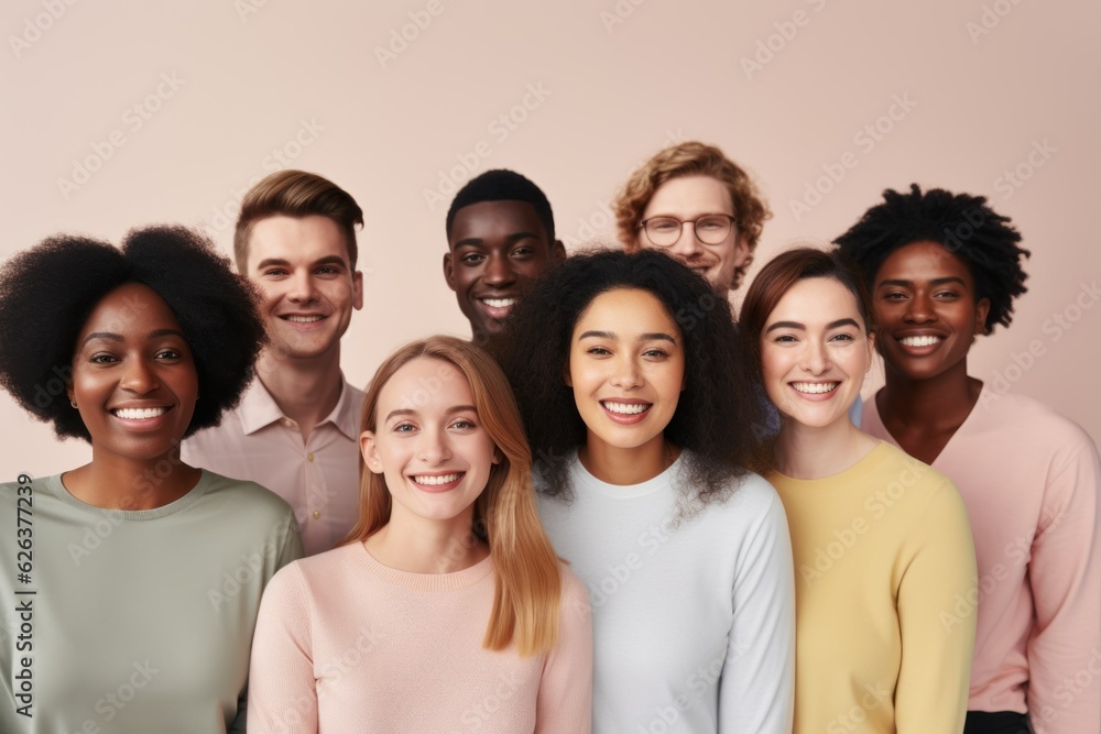 Group photography of diverse fictional people smiling. Generative AI illustration. Group photography of diverse fictional people smiling. Generative AI illustration.