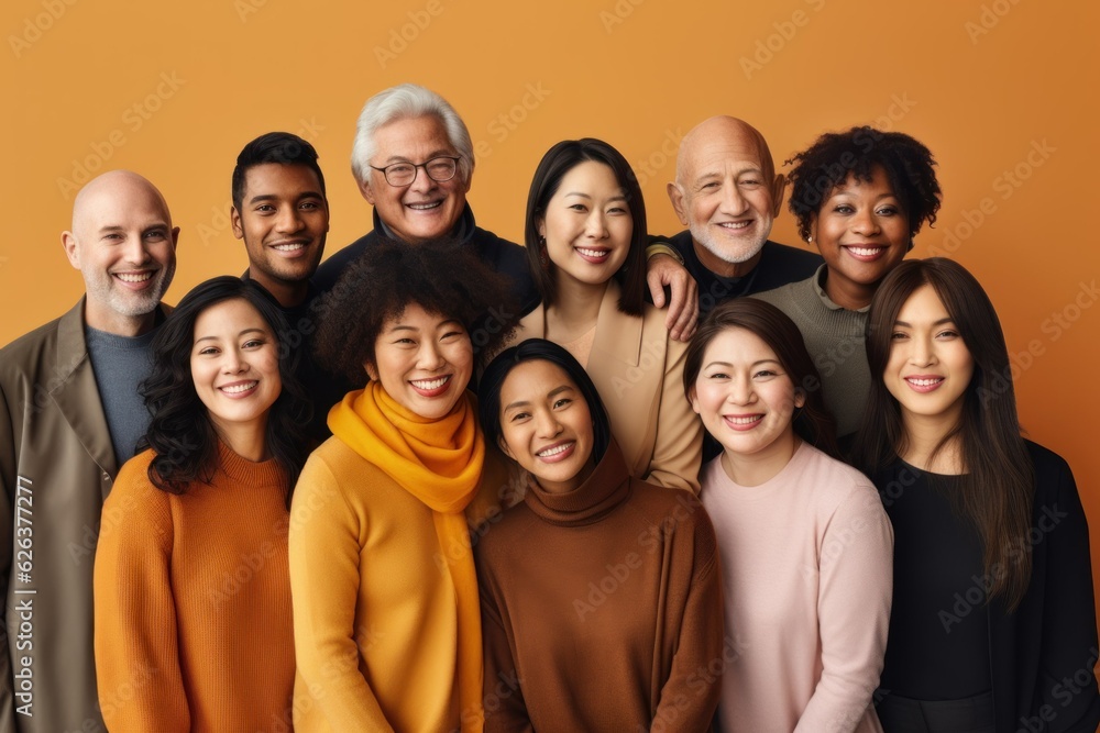 Group photography of diverse fictional people smiling. Generative AI illustration. Group photography of diverse fictional people smiling. Generative AI illustration.