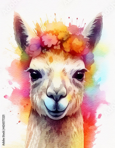 Cute llama alpaca smiling. Watercolor illustration created with Generative Ai technology