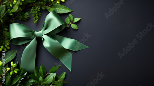 Top view of green color ribbon with tree leaf on dark background, Gall bladder. Generative Ai