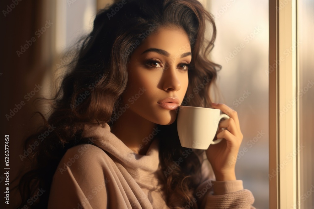 custom made wallpaper toronto digitalFictional beautiful model sipping coffee and looking at the window. Melancholic woman. Generative AI.