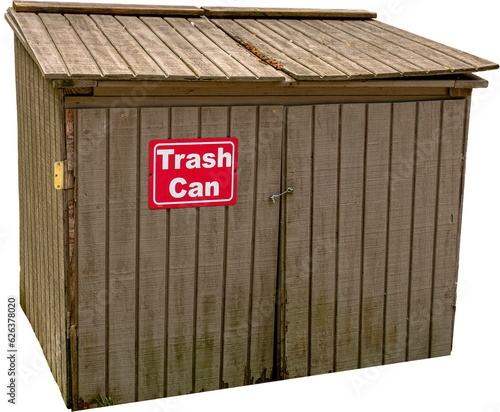 Large wooden trash bin or dumpster with sign on front, promote cleanliness and cleaner planet. Transparent background, high resolution png.