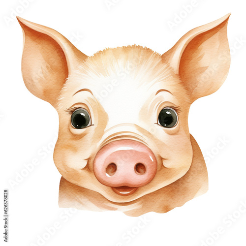 Happy farm pig. Baby animal face. Watercolor illustration created with Generative Ai technology