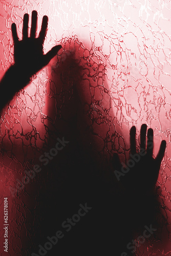 Creepy silhouette of a woman behind a closed door