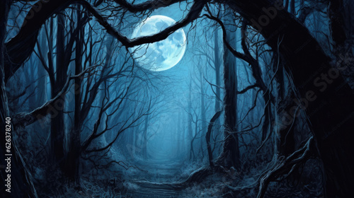 An illustration of a spooky dark forest with branches without leaves illuminated by a full moon.