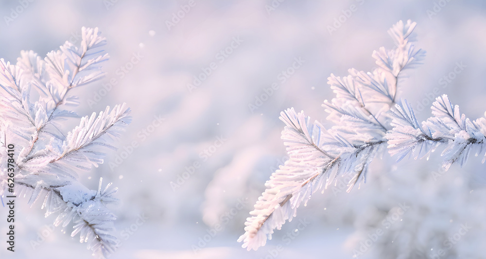 Zimowe pastelowe tło, gałęzie w sniegu. Generative AI - obrazy, fototapety, plakaty 