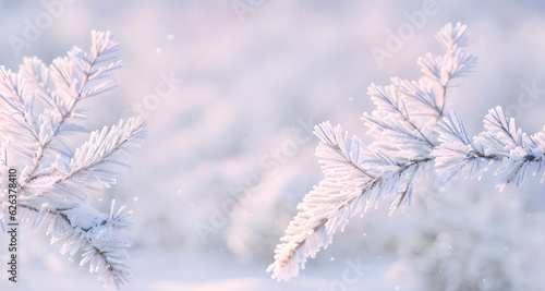 Zimowe pastelowe tło, gałęzie w sniegu. Generative AI