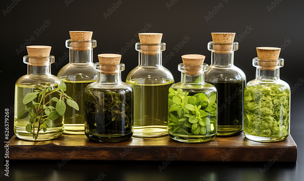 Aromatherapy, bottles with herbs and oil on a wooden table. Aromatherapy, bottles with herbs and oil on a wooden table.