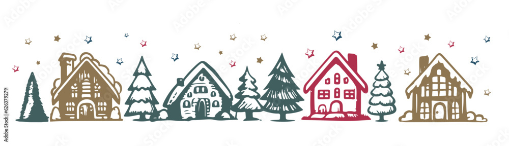 Naklejka premium Christmas house and tree has drawn illustrations, vector.