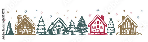 Christmas house and tree has drawn illustrations, vector.