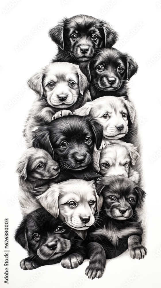 A group of puppies, grey and black in color, cuddles atop a clear white background. A group of puppies, grey and black in color, cuddles atop a clear white background.