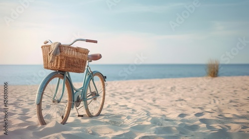 a blue bicycle parked on a beach next to the ocean. generative ai