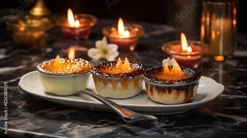  three desserts on a plate with candles in the background. generative ai