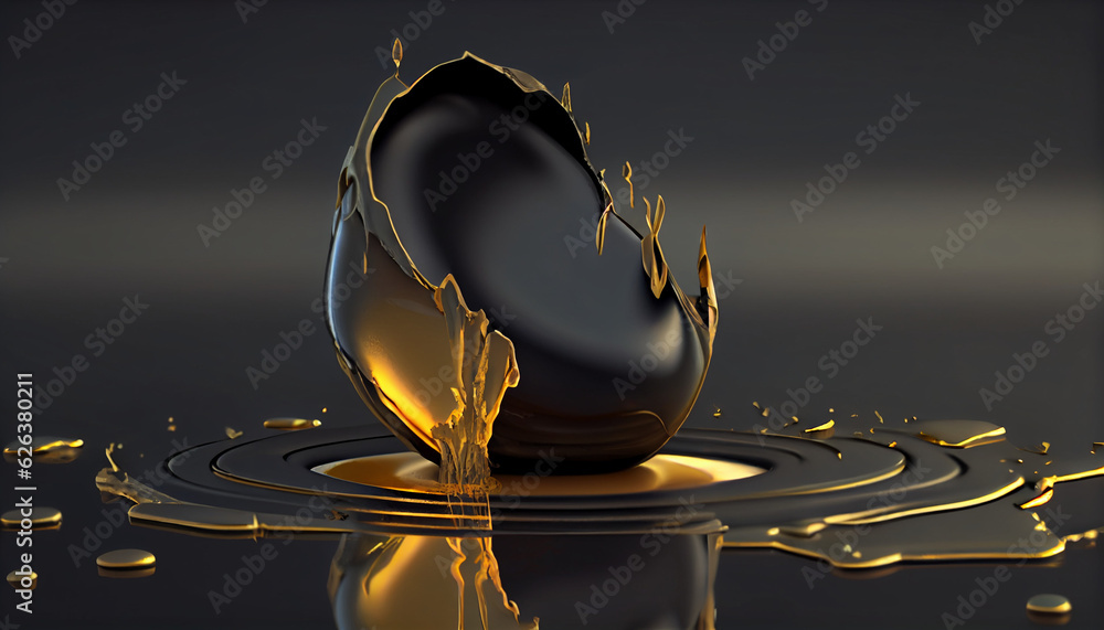 black egg broken and releasing golden liquid 