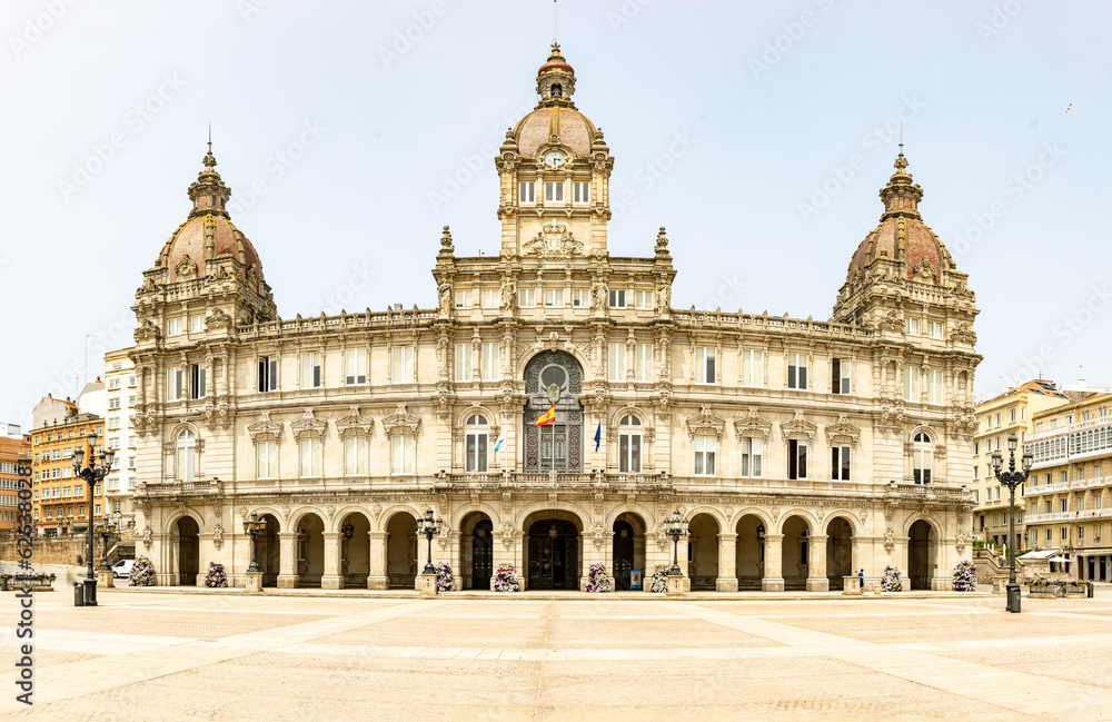 Panorama of La Coruña City Hall at the Plaza de Maria Pita, Galicia, Spain