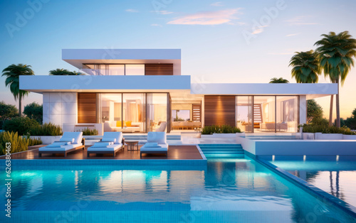 Modern luxury house with pool at late afternoon in a tropical place © Formatoriginal