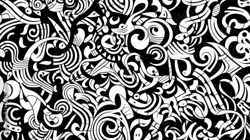 He creates a random black and white pattern on a clear white background.