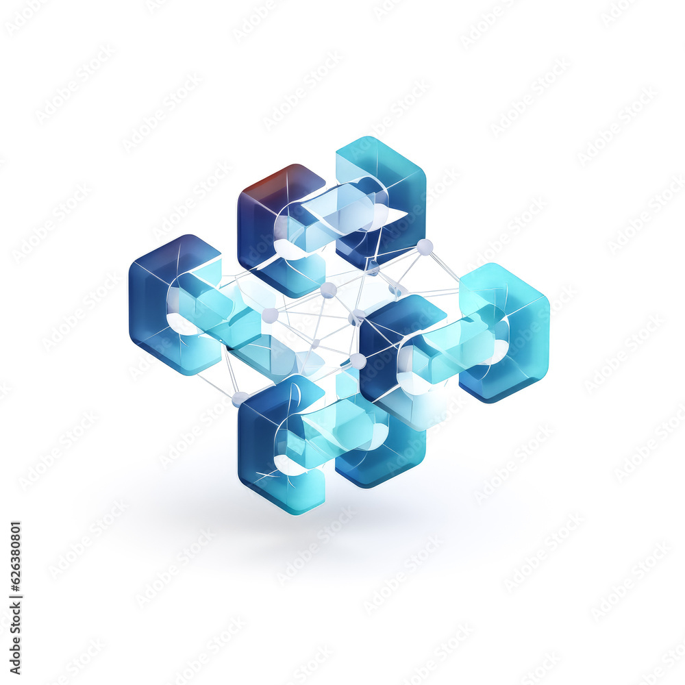 He holds a logo of blockchain technology in his hands, against a clear white background.