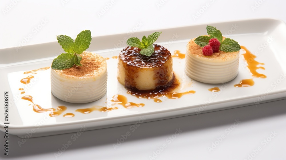  three small desserts on a white plate with a brown sauce.  generative ai