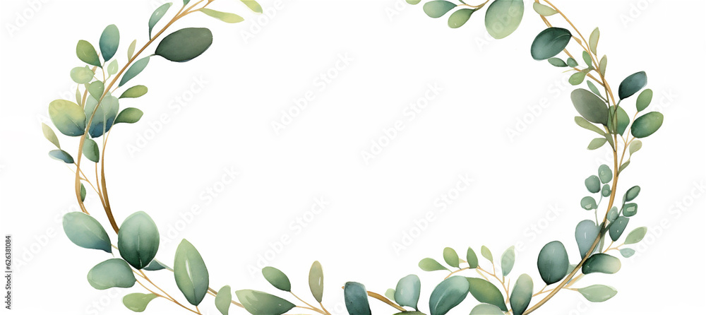 Aquarelle green eucalyptus frame with white background and copy space, ai generated