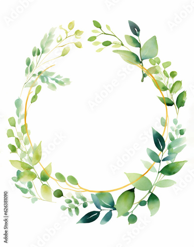 Aquarelle green and gold eucalyptus round frame with white background and copy space, ai generated