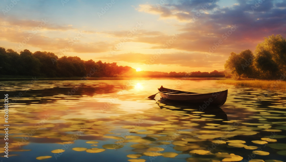 Tranquil scene on pond rowboat in sunset generated by AI
