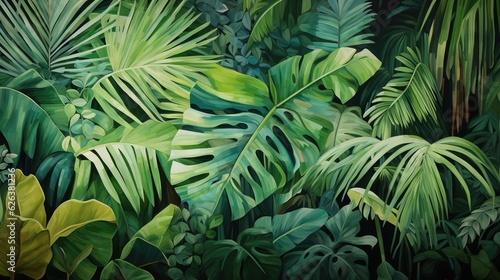  a painting of green leaves and plants in a jungle setting. generative ai