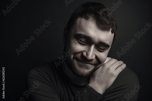 Portrait of a white mid aged man hug himself on a dark background, monochrome photo.
