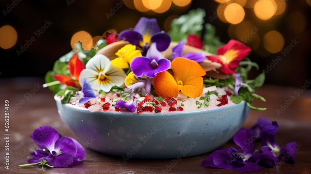 a bowl filled with flowers sitting on top of a table. generative ai a bowl filled with flowers sitting on top of a table. generative ai