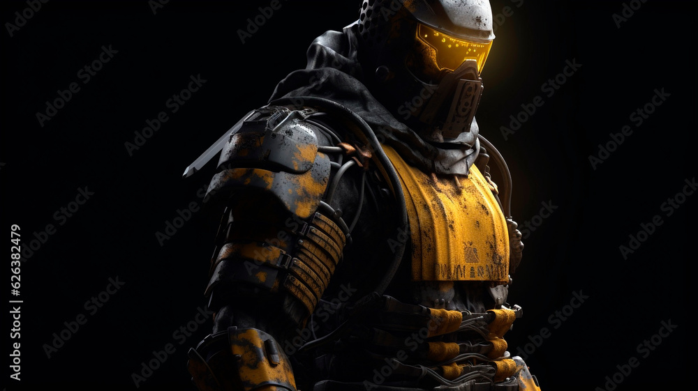 A ninja man in robot armor holding a sword, styled in a muted color palette A ninja man in robot armor holding a sword, styled in a muted color palette