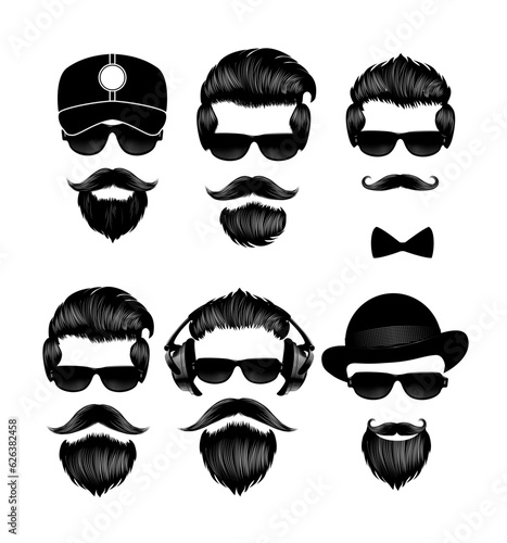 Barbershop. A set of vintage logos for a barber shop, a label, an icon, a logo. A collection of gentlemen with beards and moustaches. Antique engraving, stylized drawing. Vector illustration