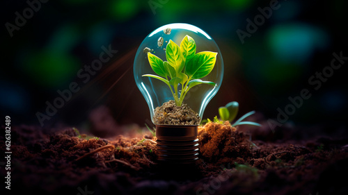 The emergence of a fresh concept  an innovative and sustainable idea. A green sprout inside a light bulb  emitting a radiant glow. A novel ecological concept  blossoming with potential
