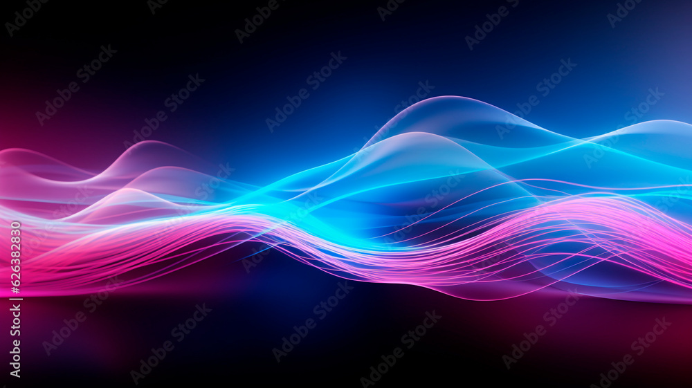 An abstract and futuristic backdrop featuring vibrant pink and blue neon waves in motion, accompanied by bokeh lights. The concept of data transfer is brilliantly portrayed in this fantastic wallpaper An abstract and futuristic backdrop featuring vibrant pink and blue neon waves in motion, accompanied by bokeh lights. The concept of data transfer is brilliantly portrayed in this fantastic wallpaper
