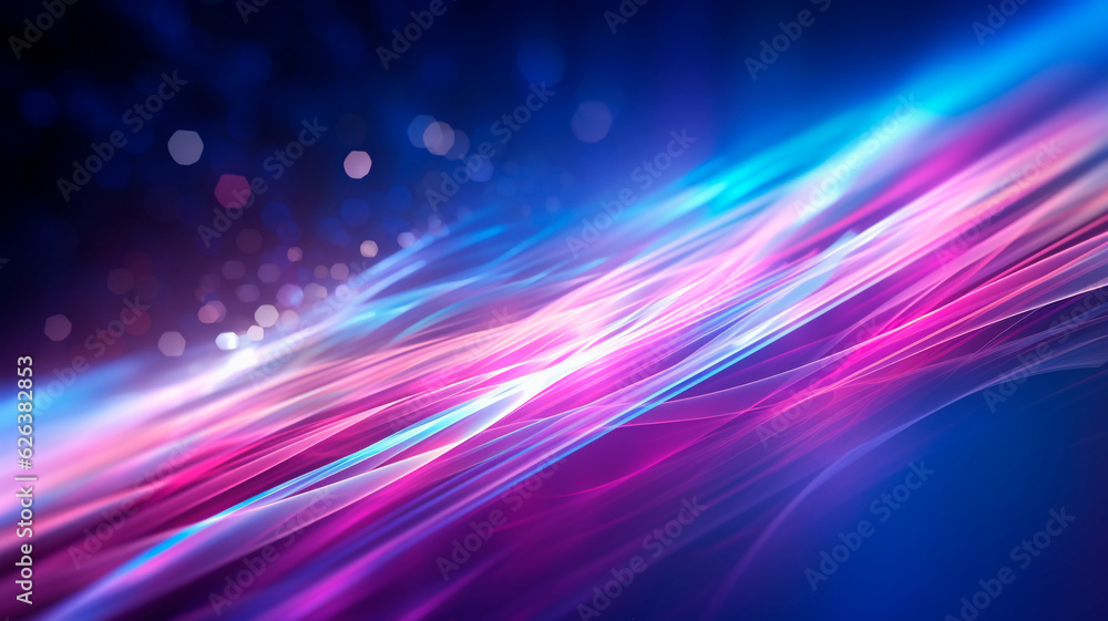Fototapeta premium An abstract and futuristic backdrop featuring vibrant pink and blue neon waves in motion, accompanied by bokeh lights. The concept of data transfer is brilliantly portrayed in this fantastic wallpaper