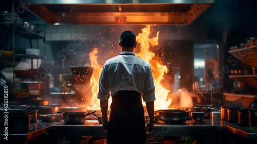 Fotografia Observing from behind, a chef in an Asian restaurant kitchen stands near a gas stove with flames and smoke rising