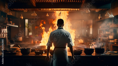 Observing from behind, a chef in an Asian restaurant kitchen stands near a gas stove with flames and smoke rising.