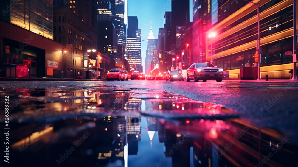 the streets of big cities with skyscrapers, neon lights reflecting in puddles.